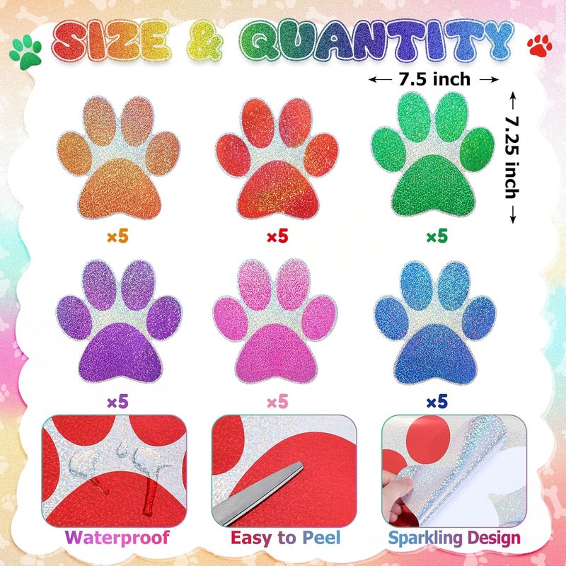 ReliThick 30 Pcs Paw Print Floor Decal 7.5" Large Pawprints Wall Cling Self Adhesive Footprint Floor Cling Window Stickers Wall Decal for Bedroom Living Room Decor(Shiny Colorful) - Image 2